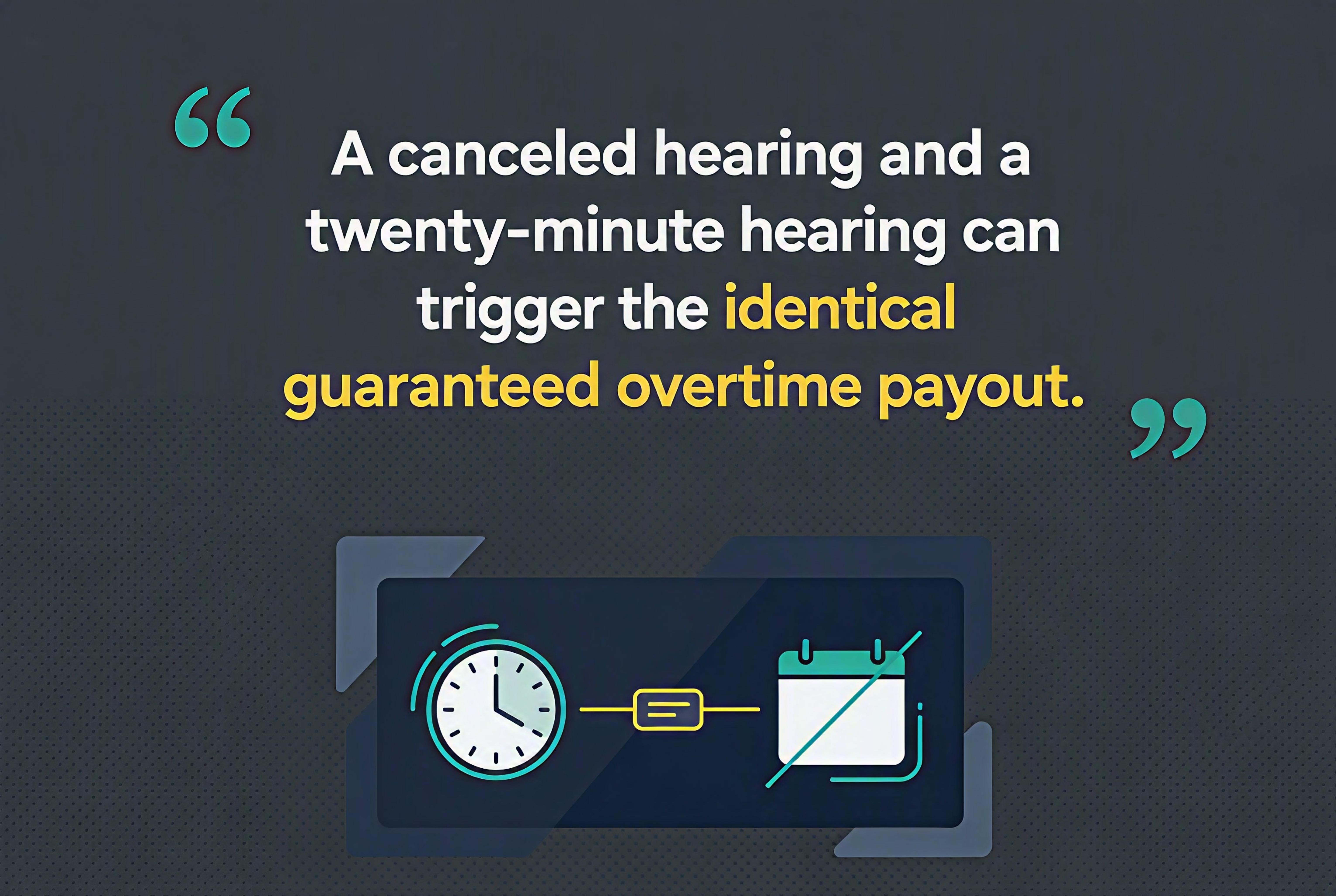 Quote graphic on a dark charcoal background with teal accents and a flat illustration of a clock linked to a crossed-out calendar. Text reads: "A canceled hearing and a twenty-minute hearing can trigger the identical guaranteed overtime payout."